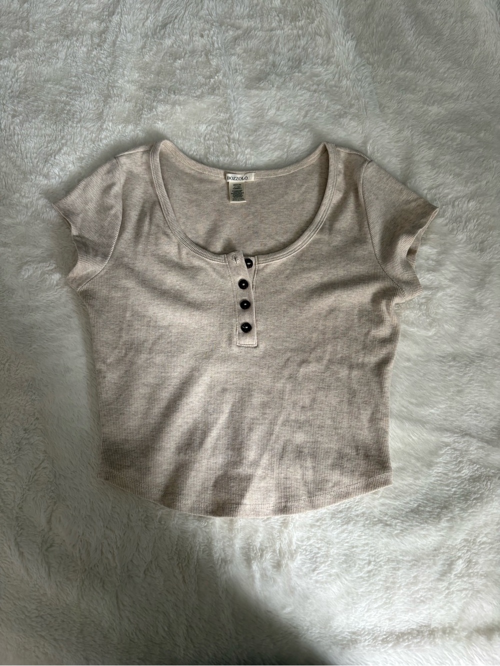 Bozzolo Beige Ribbed Henley Crop Top with Button Placket